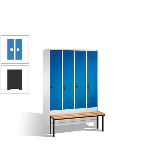 Stahl-Garderobenschrank, Spind, Buche Sitzbank vorgebaut, 4 Abteile a 300 mm, Korpus Lichtgrün, Tür Schwefelgelb, 1.850 x 1.200 x 815 mm (HxBxT)