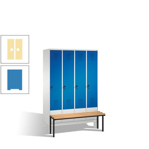 Stahl-Garderobenschrank, Spind, Buche Sitzbank vorgebaut, 4 Abteile a 300 mm, Korpus Lichtgrün, Tür Schwefelgelb, 1.850 x 1.200 x 815 mm (HxBxT)
