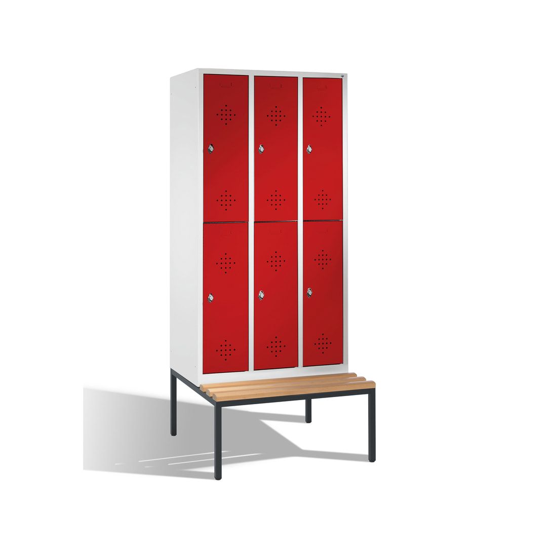Garderobenschrank, Spind, 3 Abteile 6 Fächer, 2.090 x 1.200 x 815 mm (HxBxT), Hartholz Sitzbank untergebaut, Korpus anthrazitgrau, Türen anthrazitgrau