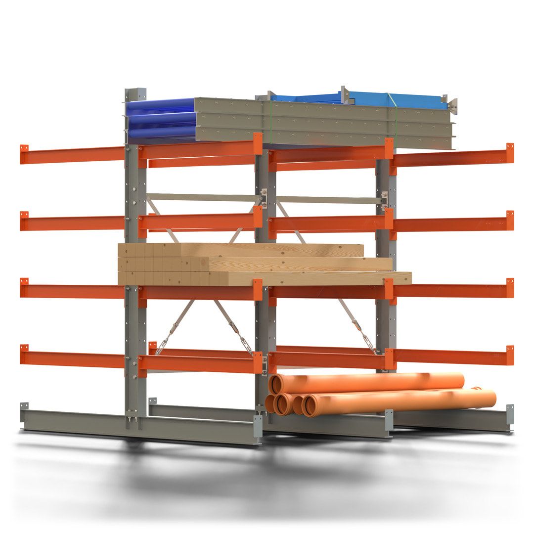 Doppelseitiges Kragarmregal, 2 Felder, 2.000 x 2.000 x 1.120 mm (HxBxT), Nutztiefe 500 mm, Kragarmlast 870 kg, KARL basic, silbergrau/reinorange