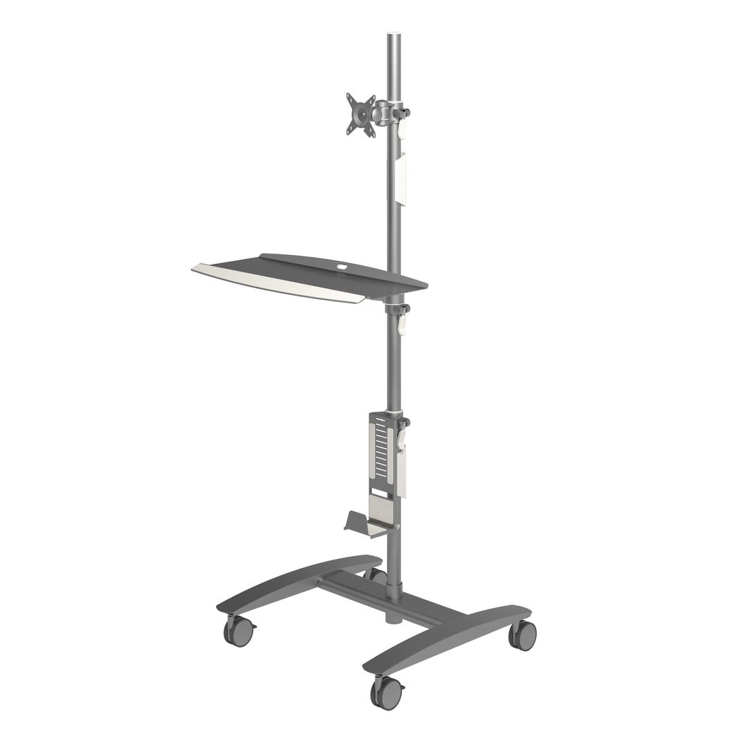 Dateneingabe-Trolley, Workstation, Arbeitsstation, Multimediastation, Monitorhalter, Computer, Rollen, 1.665 x 636 x 600 mm (HxBxT), Stahl, silber
