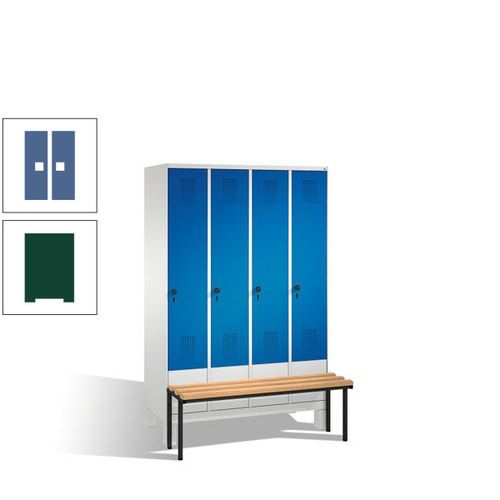Stahl-Garderobenschrank, Spind, Buche Sitzbank vorgebaut, 4 Abteile a 300 mm, Korpus Lichtgrün, Tür Schwefelgelb, 1.850 x 1.200 x 815 mm (HxBxT)