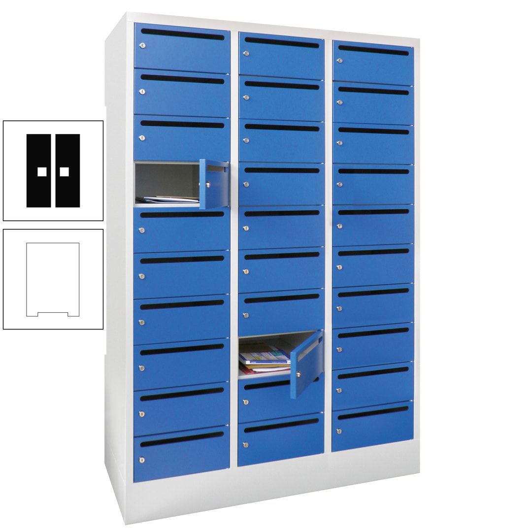 Postverteilerschrank, Schließfachschrank, 3 Abteile a 300 mm, 30 Fächer, 1.850 x 900 x 500 mm (HxBxT), Korpus anthrazitgrau, Front anthrazitgrau