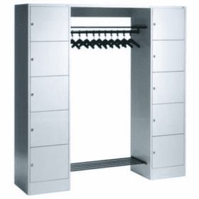 Garderobenanlage, Offene Garderobe mit Spindschrank, 10 Fächer, links/rechts, Korpus lichtgrau, Türfarbe wählbar, 1.950 x 1.870 x 480 mm (HxBxT)