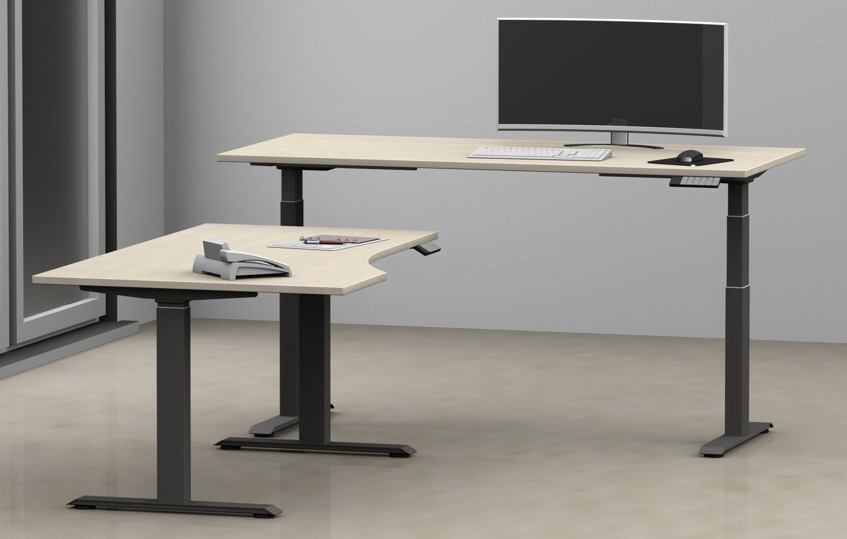 Eckschreibtisch, Ecke links, Elevate Basic, elektronisch höhenverstellbar, 730 - 1.230 x 1.800 x 1.000 mm (HxBxT), Gestell anthrazit, Dekor Ahorn