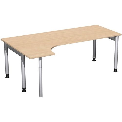 Eckschreibtisch, Ecke links, Füße einseitig verkürzt, 4-Fuß Pro, höhenverstellbar, 680-800 x 1.600 x 1.200 mm (HxBxT), Dekor Ahorn