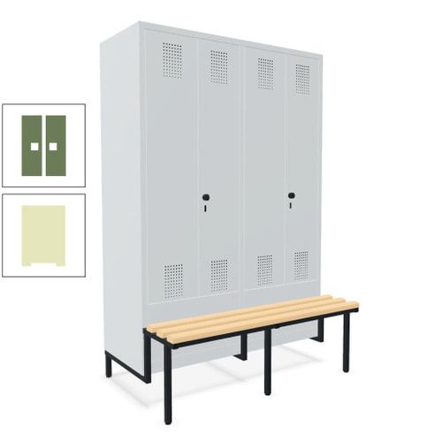Doppel-Spind, Garderobenschrank, Buche Sitzbank integriert, 4 Abteile 300 mm, Korpus anthrazitgrau, Tür anthrazitgrau, 1.850 x 1.200 x 815 mm (HxBxT)