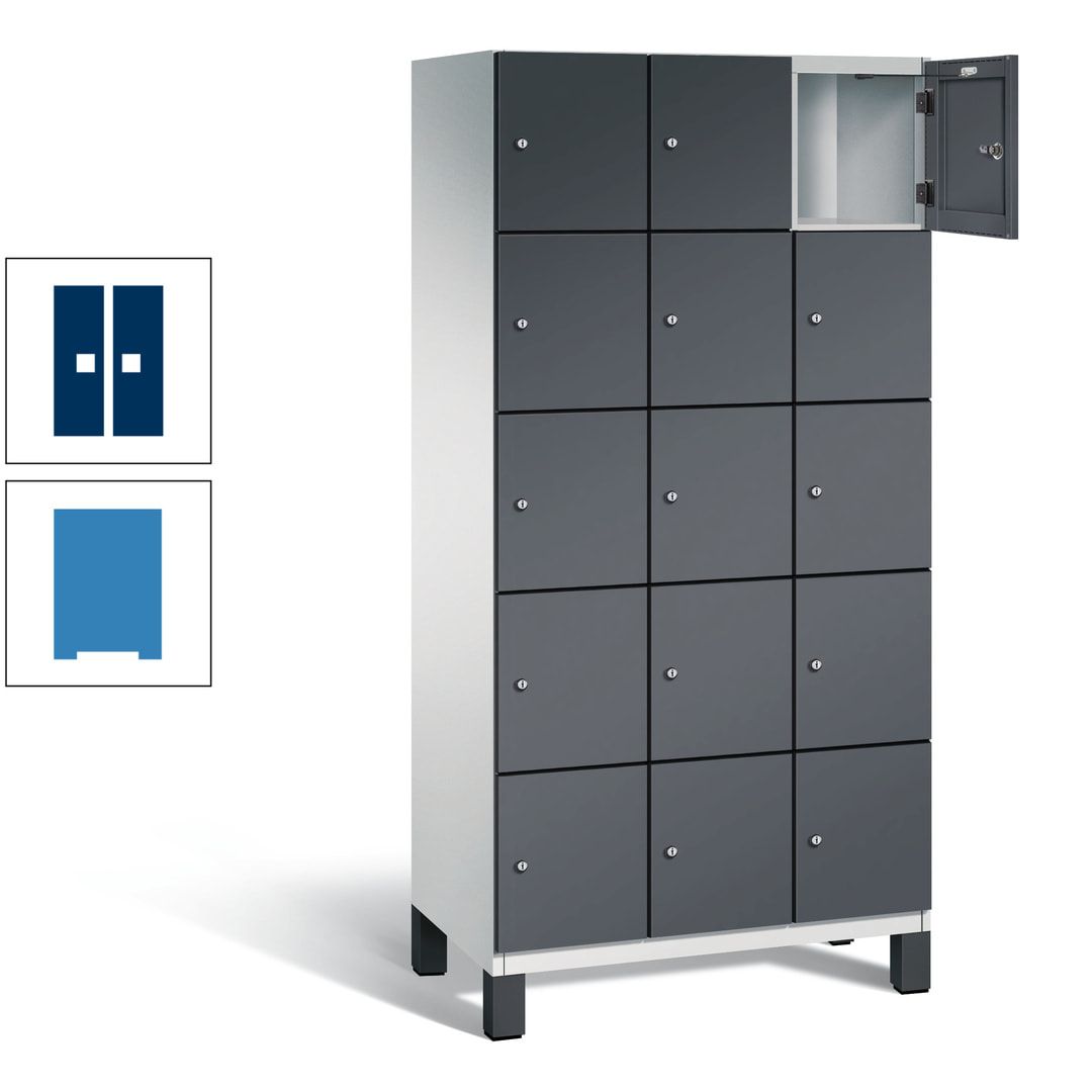 Fächerschrank, Stahlschrank, 15 Fächer, Türöffnungsbegrenzer, Füße, 1.980 x 900 x 525 mm (HxBxT), Korpus anthrazitgrau, Front anthrazitgrau