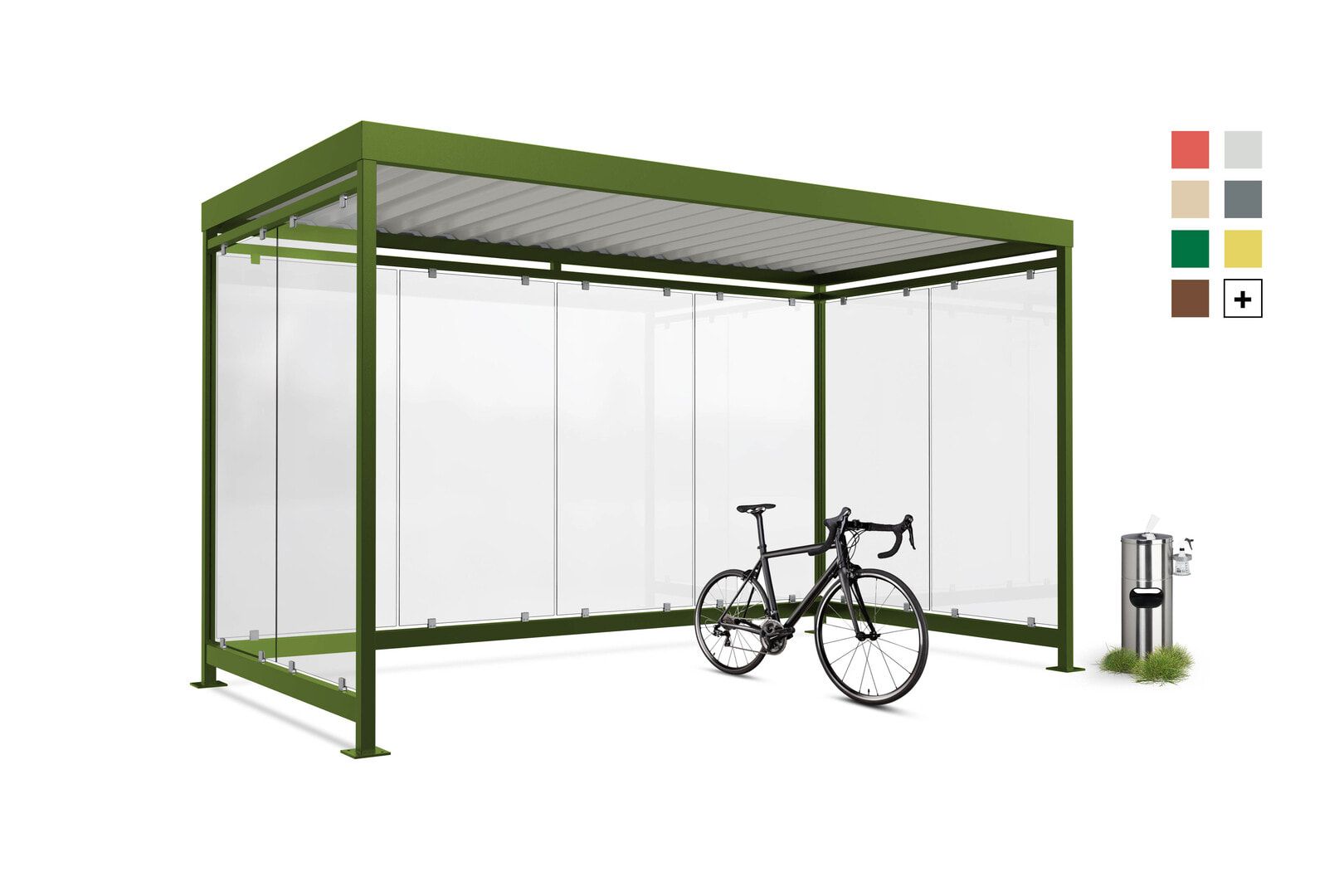 Fahrradunterstand, Raucherunterstand, Bausatz, 12-13 Personen, 2.510 x 4.195 x 2.165 mm (HxBxT), 8 Wände, Farngrün
