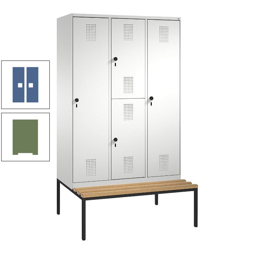 Garderobenschrank, Spind ein- und doppelstöckig Sitzbank, 3 Abteile, 4 Fächer, 2.090x1.200x500 mm (HxBxT), Front anthrazitgrau, Korpus anthrazitgrau