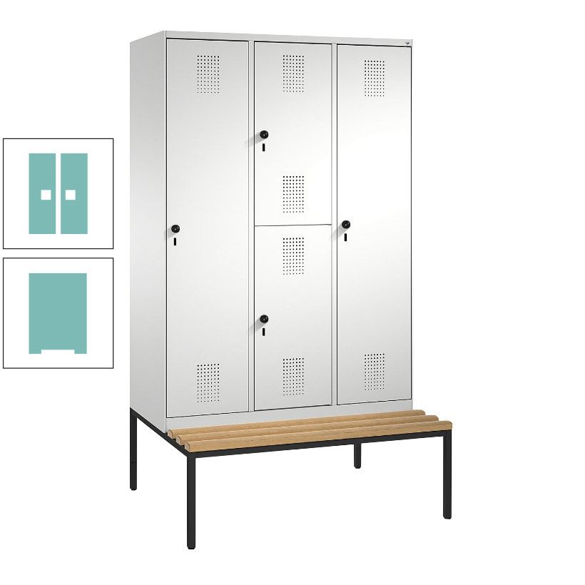 Garderobenschrank, Spind ein- und doppelstöckig Sitzbank, 3 Abteile, 4 Fächer, 2.090x1.200x500 mm (HxBxT), Front anthrazitgrau, Korpus anthrazitgrau