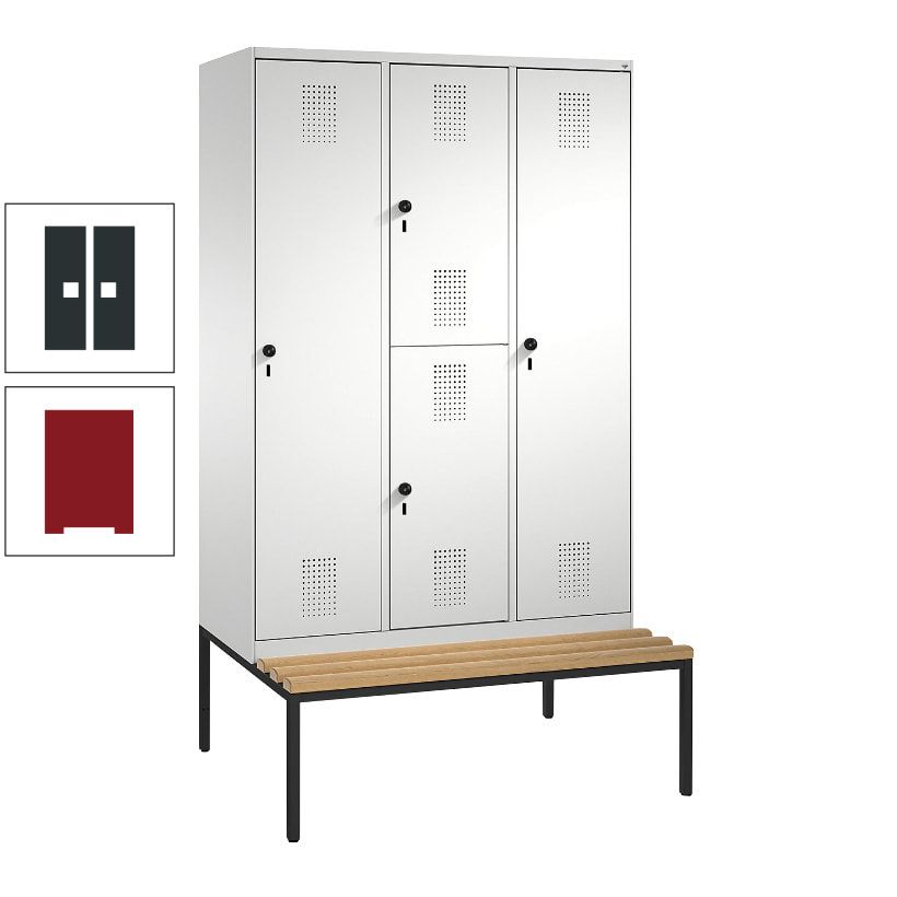 Garderobenschrank, Spind ein- und doppelstöckig Sitzbank, 3 Abteile, 4 Fächer, 2.090x1.200x500 mm (HxBxT), Front anthrazitgrau, Korpus anthrazitgrau