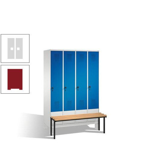 Stahl-Garderobenschrank, Spind, Buche Sitzbank vorgebaut, 4 Abteile a 300 mm, Korpus Lichtgrün, Tür Schwefelgelb, 1.850 x 1.200 x 815 mm (HxBxT)