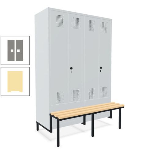 Doppel-Spind, Garderobenschrank, Buche Sitzbank integriert, 4 Abteile 300 mm, Korpus anthrazitgrau, Tür anthrazitgrau, 1.850 x 1.200 x 815 mm (HxBxT)