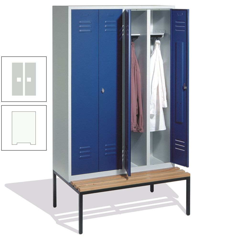 Doppel-Spindschrank, Buche Sitzbank untergebaut, 4 Abteile a 300 mm, Korpus lichtgrau, Tür anthrazitgrau, 2.090 x 1.190 x 815 mm (HxBxT)