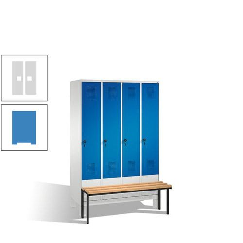 Stahl-Garderobenschrank, Spind, Buche Sitzbank vorgebaut, 4 Abteile a 300 mm, Korpus Lichtgrün, Tür Schwefelgelb, 1.850 x 1.200 x 815 mm (HxBxT)