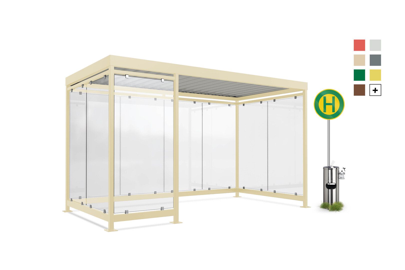Raucherunterstand, Bausatz, Fahrgastunterstand, Bushaltestelle, 12-13 Personen, 2.510 x 4.195 x 2.165 mm (HxBxT), 9 Wände, Elfenbein
