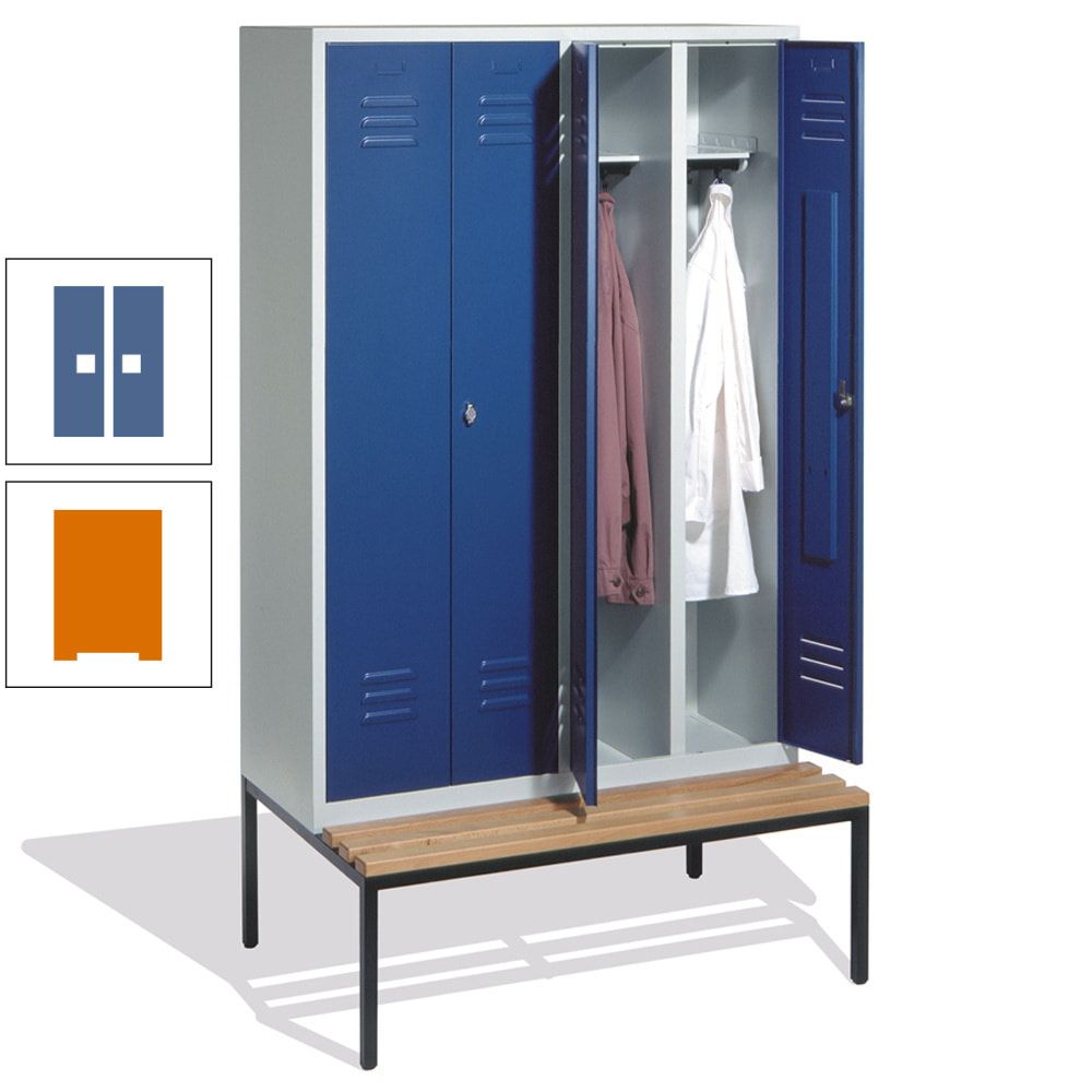Doppel-Spindschrank, Buche Sitzbank untergebaut, 4 Abteile a 300 mm, Korpus lichtgrau, Tür anthrazitgrau, 2.090 x 1.190 x 815 mm (HxBxT)