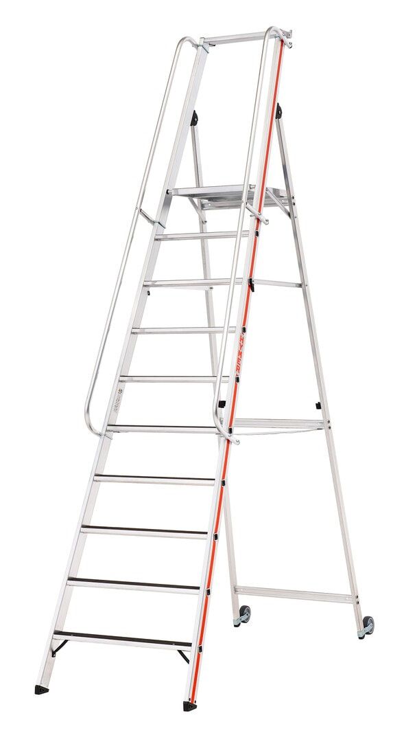 Plattformleiter mit langem Handlauf, zwei Kipprollen, Rutschhemmung R13, Ablage und Eimerhaken, Leiterlänge 1.950 mm, 4 Stufen, Traglast 150 kg, Hymer