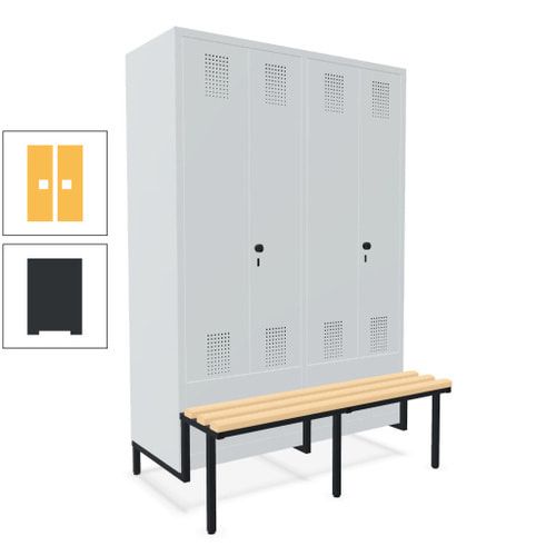 Doppel-Spind, Garderobenschrank, Buche Sitzbank integriert, 4 Abteile 300 mm, Korpus anthrazitgrau, Tür anthrazitgrau, 1.850 x 1.200 x 815 mm (HxBxT)