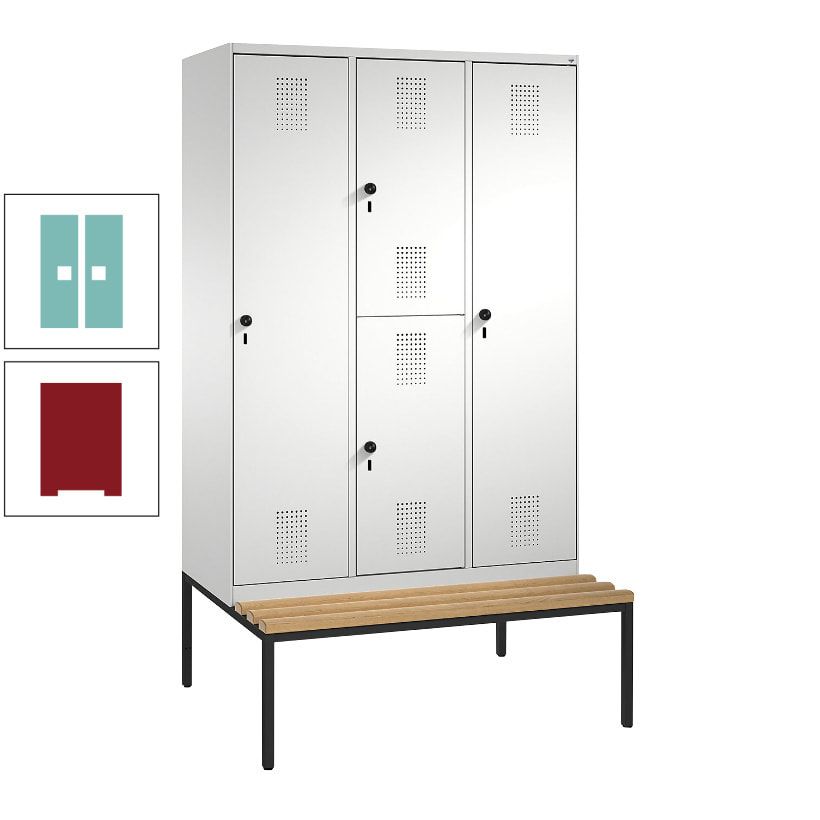 Garderobenschrank, Spind ein- und doppelstöckig Sitzbank, 3 Abteile, 4 Fächer, 2.090x1.200x500 mm (HxBxT), Front anthrazitgrau, Korpus anthrazitgrau