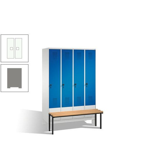 Stahl-Garderobenschrank, Spind, Buche Sitzbank vorgebaut, 4 Abteile a 300 mm, Korpus Lichtgrün, Tür Schwefelgelb, 1.850 x 1.200 x 815 mm (HxBxT)