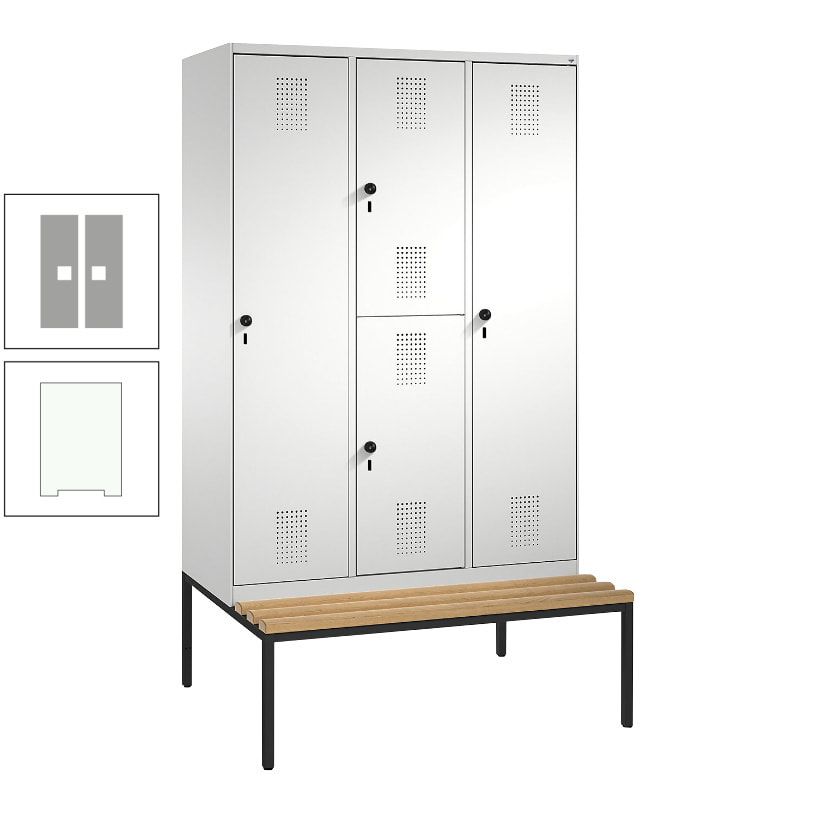 Garderobenschrank, Spind ein- und doppelstöckig Sitzbank, 3 Abteile, 4 Fächer, 2.090x1.200x500 mm (HxBxT), Front anthrazitgrau, Korpus anthrazitgrau
