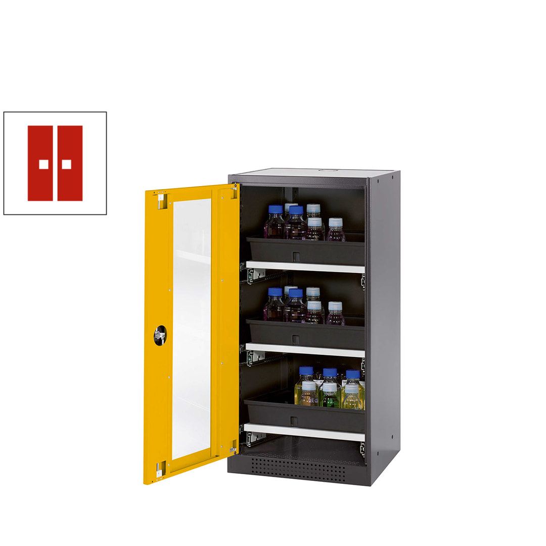 Chemikalienschrank - Flügeltür - Türanschlag links - 2 Tablarauszüge - 1.105 x 545 x 520 mm (HxBxT) - anthrazitgrau/enzianblau