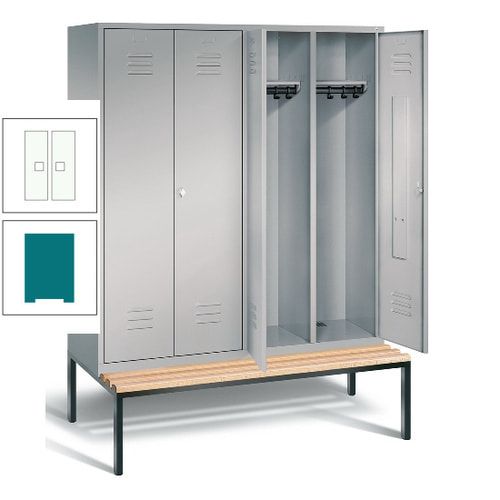 Doppel-Spindschrank, Buche Sitzbank untergebaut, 4 Abteile a 400 mm, Korpus lichtgrau, Tür anthrazitgrau, 2.090 x 1.590 x 815 mm (HxBxT)