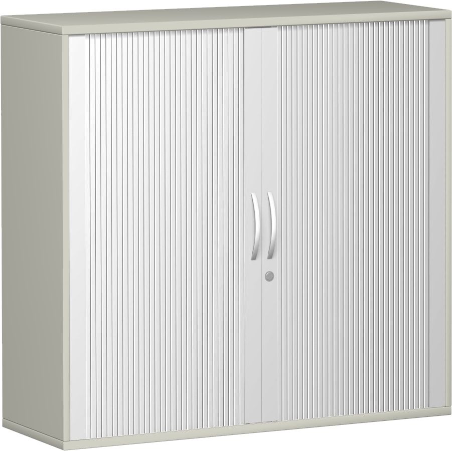 Querrollladenschrank, Dekoreinlageboden, Metallsockel/Standfüße, abschließbar, 1.152 x 1.000 x 425 mm (HxBxT), Korpusfarbe Ahorn, Frontfarbe silber