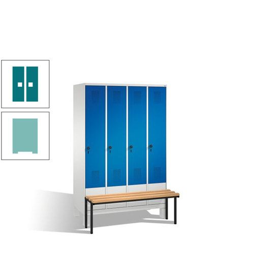 Stahl-Garderobenschrank, Spind, Buche Sitzbank vorgebaut, 4 Abteile a 300 mm, Korpus Lichtgrün, Tür Schwefelgelb, 1.850 x 1.200 x 815 mm (HxBxT)