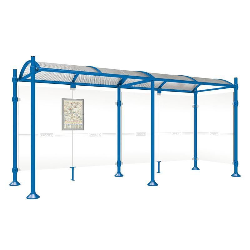 Buswartehalle, Unterstand, 2 Seitenwände, Kopf gebürsteter Edelstahl, ESG, Fahrplanschaukasten, 2.500 x 2.500 x 1.600 mm (HxBxT), Farbe enzianblau