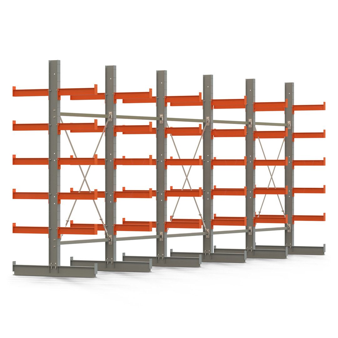 Doppelseitiges Kragarmregal, 2 Felder, 2.500 x 2.560 x 1.120 mm (HxBxT), Nutztiefe 500 mm, Kragarmlast 870 kg, KARL basic, silbergrau/reinorange