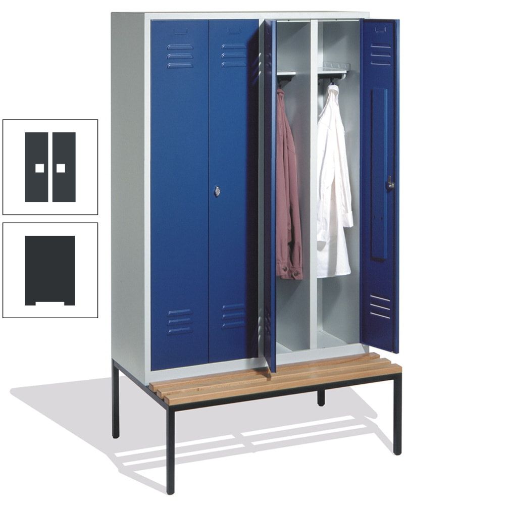 Doppel-Spindschrank, Buche Sitzbank untergebaut, 4 Abteile a 300 mm, Korpus lichtgrau, Tür anthrazitgrau, 2.090 x 1.190 x 815 mm (HxBxT)