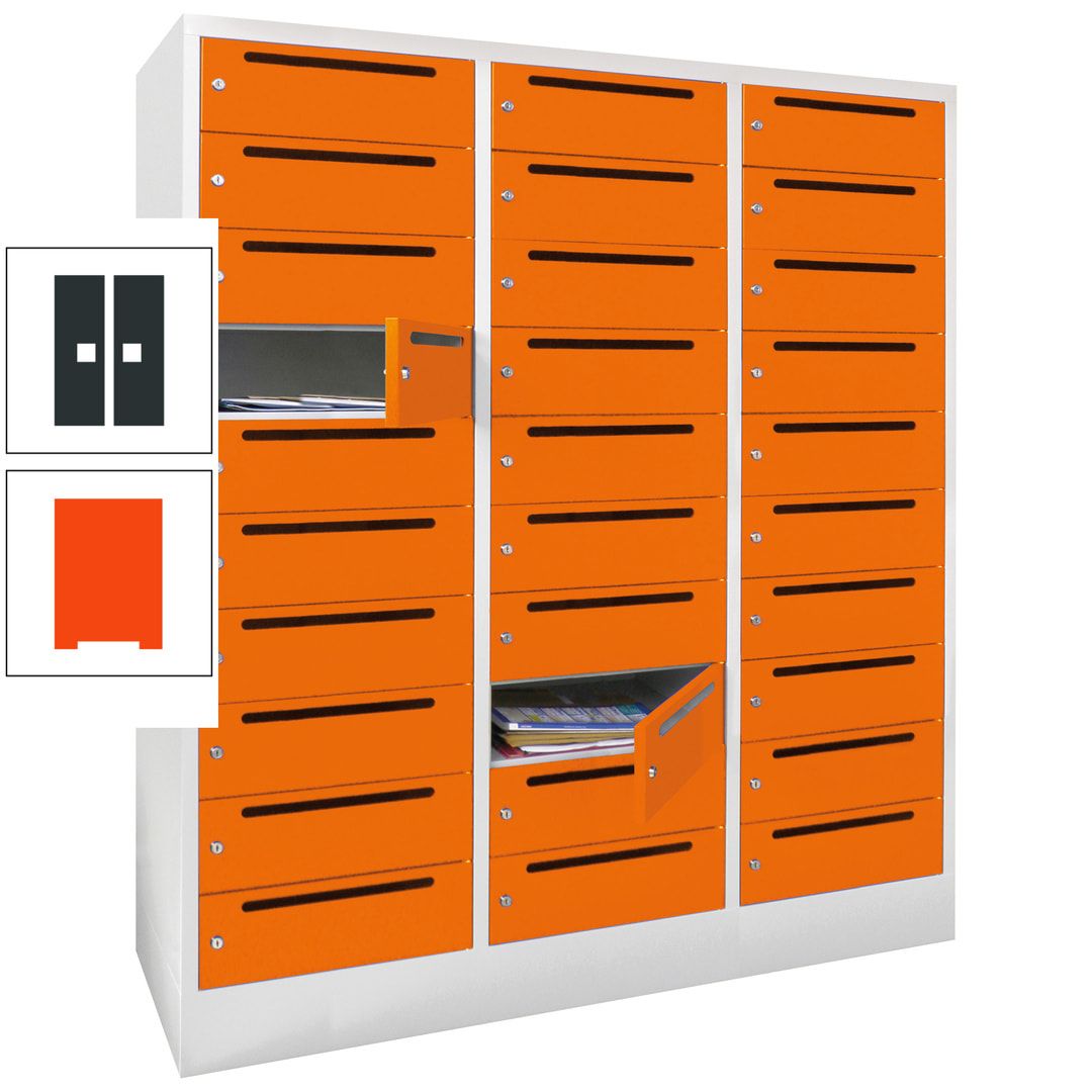 Postverteilerschrank, Schließfachschrank, 3 Abteile a 40 cm, 30 Fächer, 1.850 x 1.200 x 500 mm (HxBxT), Korpus anthrazitgrau, Front anthrazitgrau