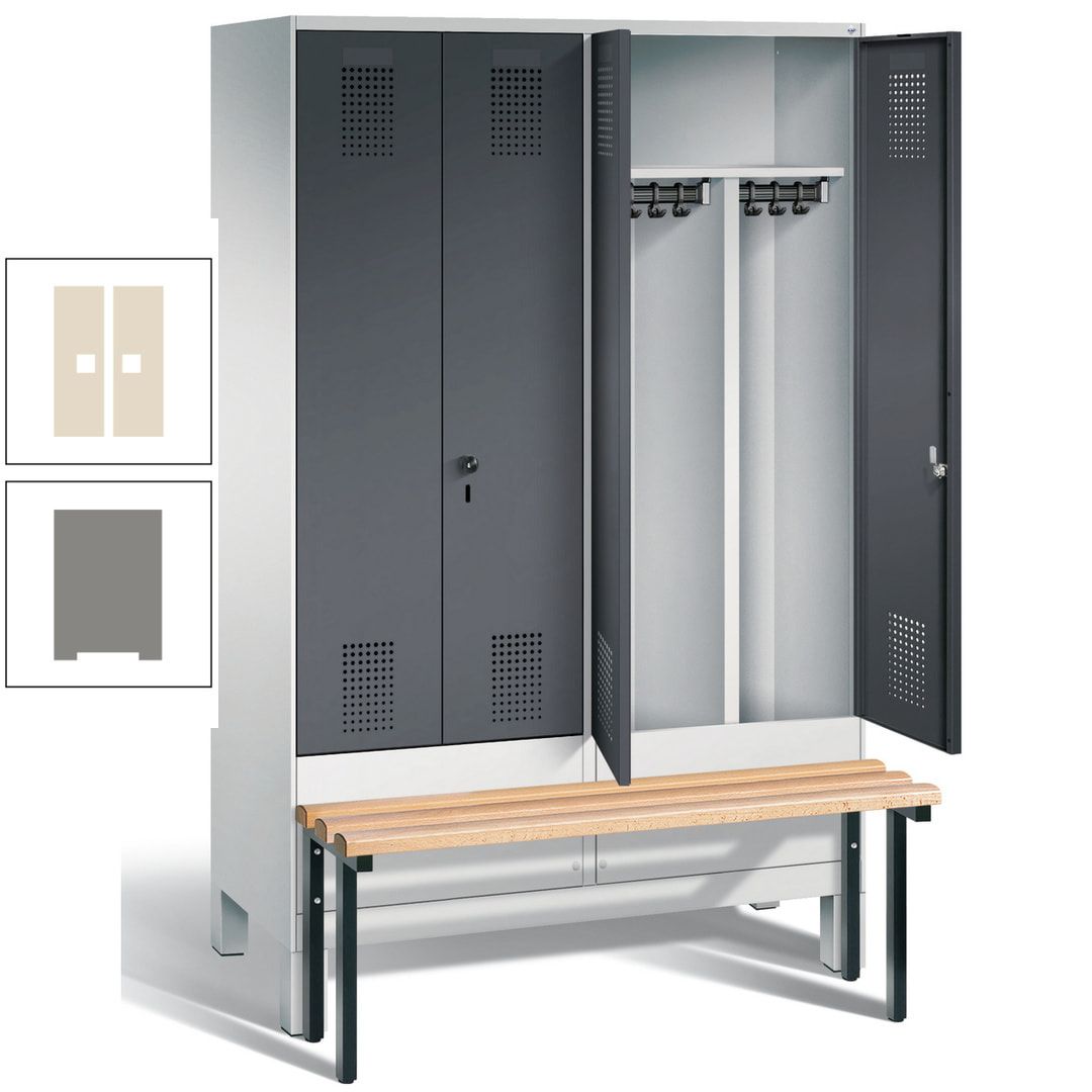 Doppel-Spind, Garderobenschrank, Buche Sitzbank vorgebaut, 4 Abteile a 300 mm, Korpus feuerrot, Tür Wasserblau, 1.850 x 1.200 x 815 mm (HxBxT)