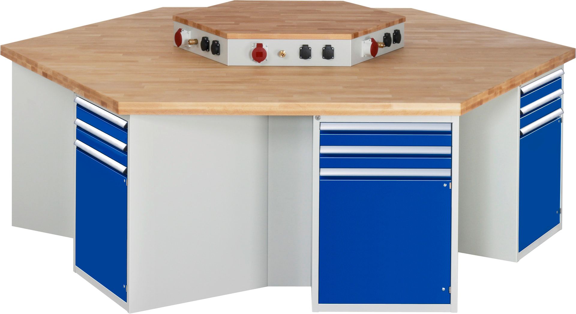 Gruppenwerkbank, Buche, Höhe 840 mm, mit Energieaufsatz, Unterbau-Container, 2 Schubladen, 1 Tür, 1 Boden - Anthrazitgrau