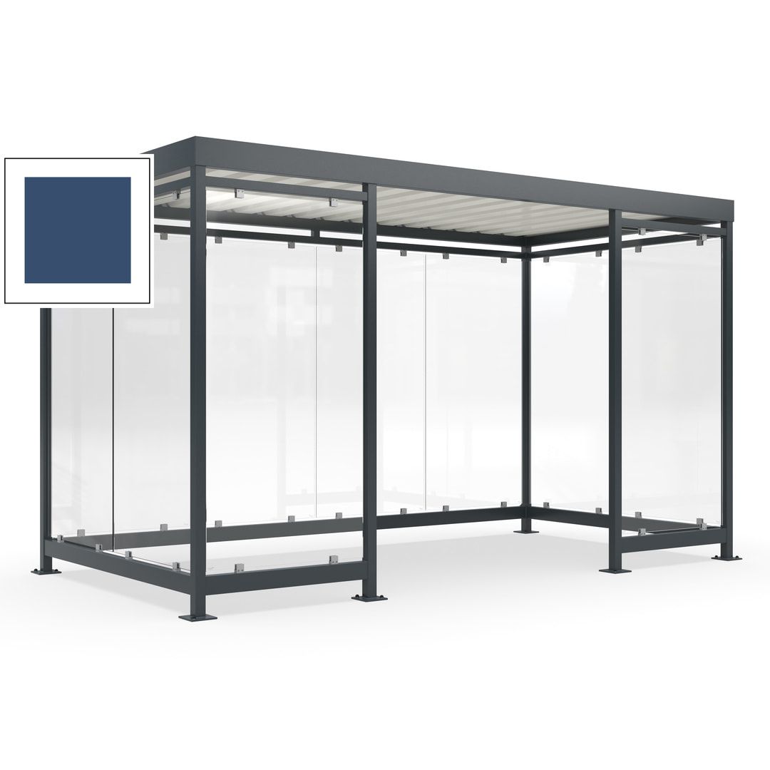 Fahrgastunterstand, Raucherunterstand, fertig montiert, Aufdübeln, 12-13 Personen, 2.510 x 4.195 x 2.165 mm (HxBxT), 10 Wände, Achatgrau