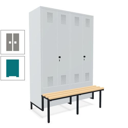 Doppel-Spind, Garderobenschrank, Buche Sitzbank integriert, 4 Abteile 300 mm, Korpus anthrazitgrau, Tür anthrazitgrau, 1.850 x 1.200 x 815 mm (HxBxT)