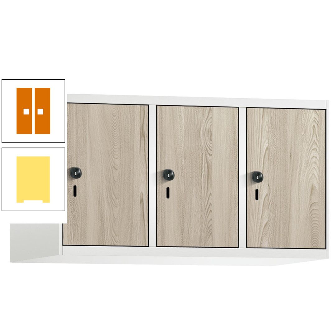 Aufsatzschrank, Schrankaufsatz, 3 Fächer a 300 mm, Farbe Pastellgelb, Tür anthrazitgrau, 500 x 900 x 500 mm (HxBxT)