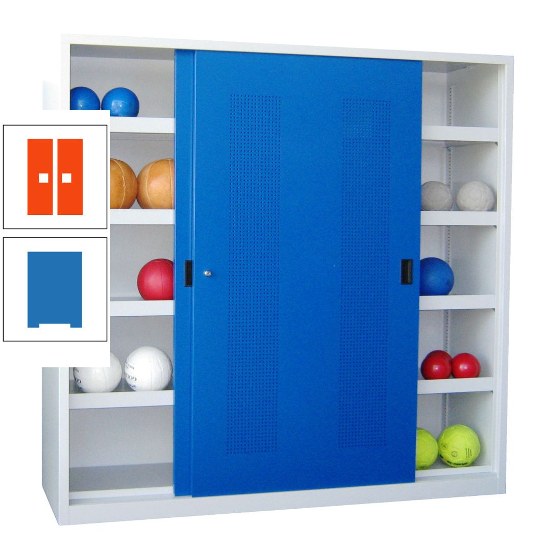 Ballschrank - Schiebetüren mit Lochfeld - Trennwand - 8 Böden - 1.950x2.000x600 mm (HxBxT) - anthrazitgrau