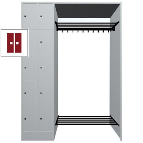 Garderobenanlage, Offene Garderobe mit Spindschrank, 10 Fächer, links, Korpusfarbe lichtgrau, Türfarbe enzianblau, 1.950 x 1.410 x 480 mm (HxBxT)
