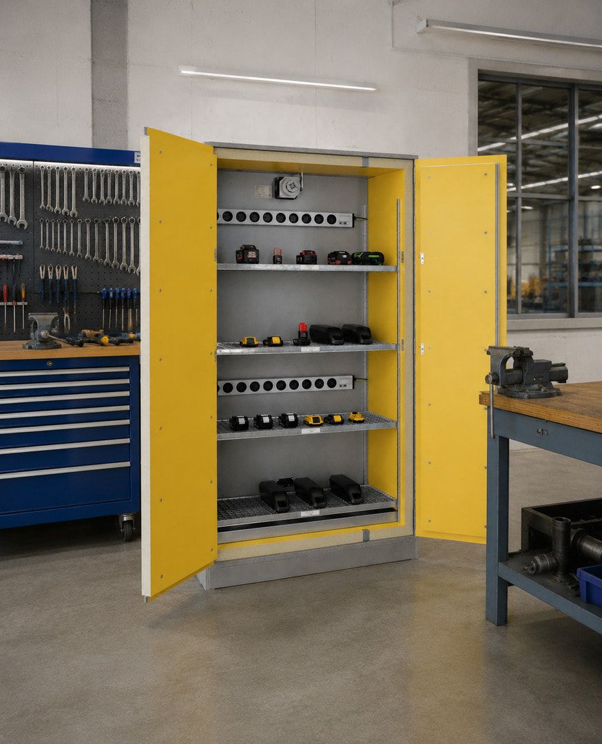 Lithium-Ionen Akkuschrank mit Lademöglichkeit, 2 Steckdosenleisten, Basic Charge EI 90 Sicherheitsschrank, 2.048 x 1.148 x 591 mm (HxBxT)