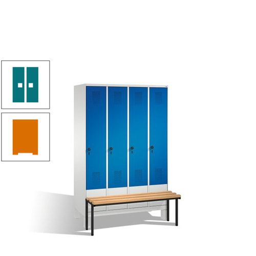 Stahl-Garderobenschrank, Spind, Buche Sitzbank vorgebaut, 4 Abteile a 300 mm, Korpus Lichtgrün, Tür Schwefelgelb, 1.850 x 1.200 x 815 mm (HxBxT)