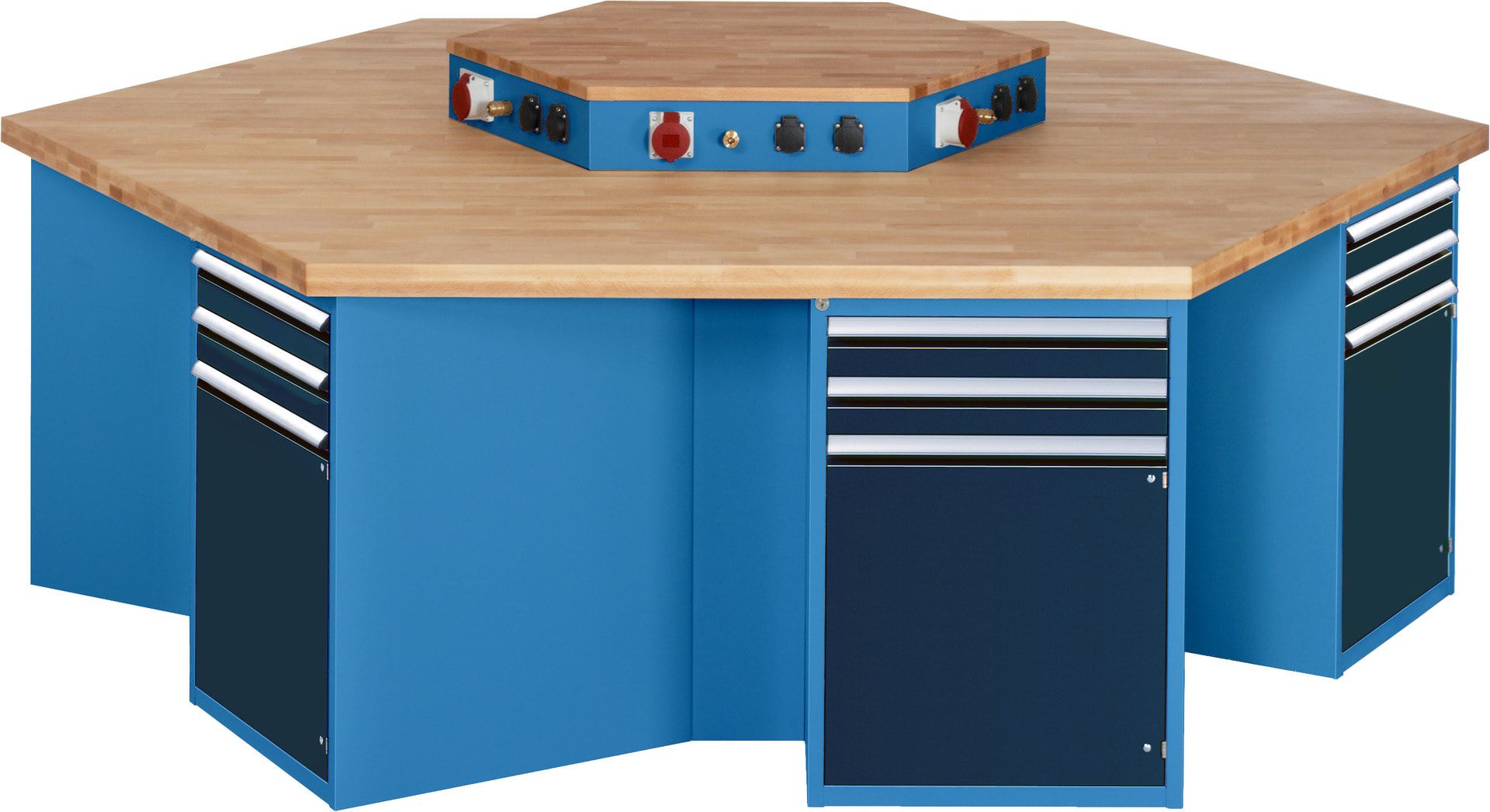 Gruppenwerkbank, Buche, Höhe 840 mm, mit Energieaufsatz, Unterbau-Container, 2 Schubladen, 1 Tür, 1 Boden - Anthrazitgrau