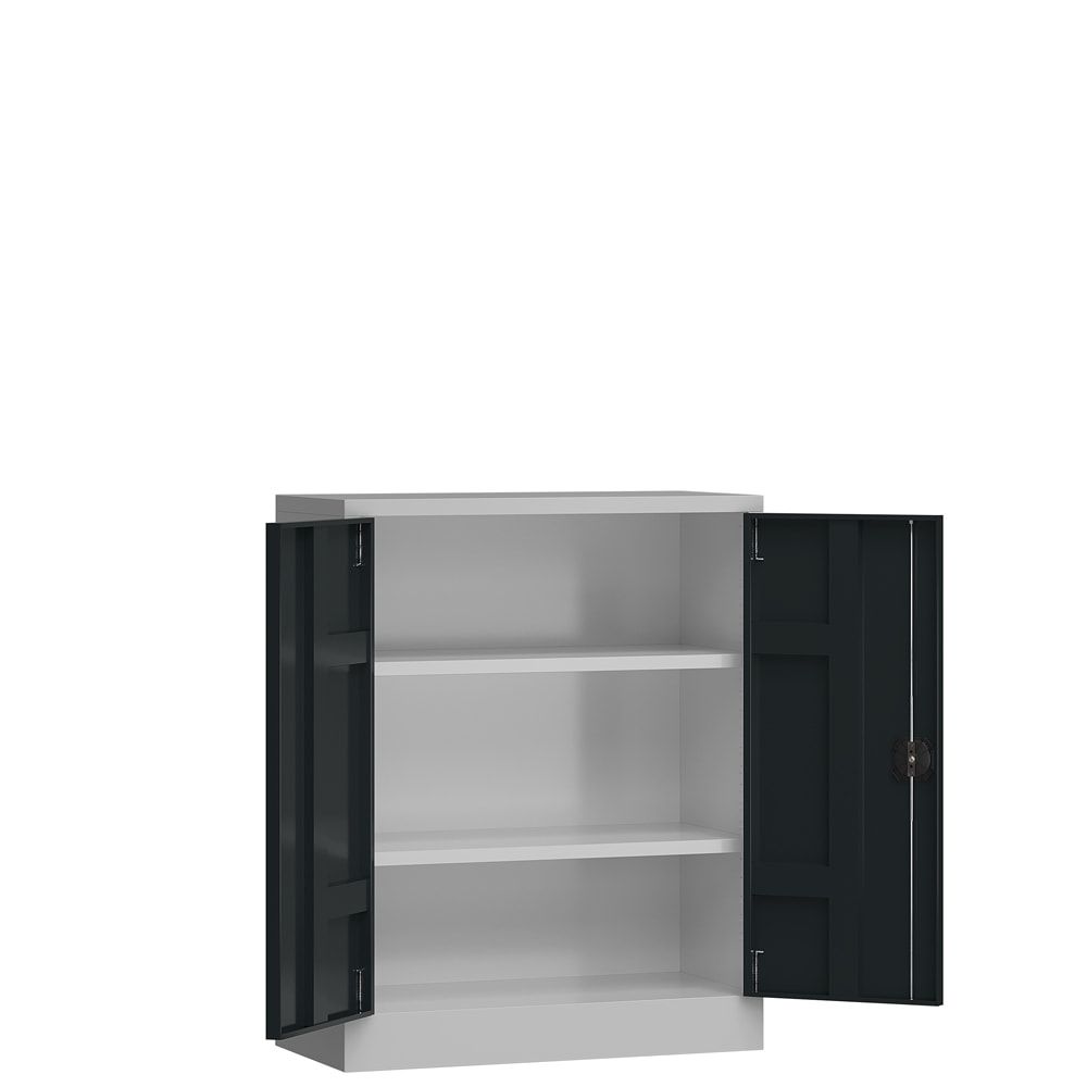 Aktenschrank, Büroschrank, abschließbar, Flügeltüren, 2 Fachböden, 1.200 x 920 x 420 mm (HxBxT), Stahl, Korpus und Türen lichtgrau