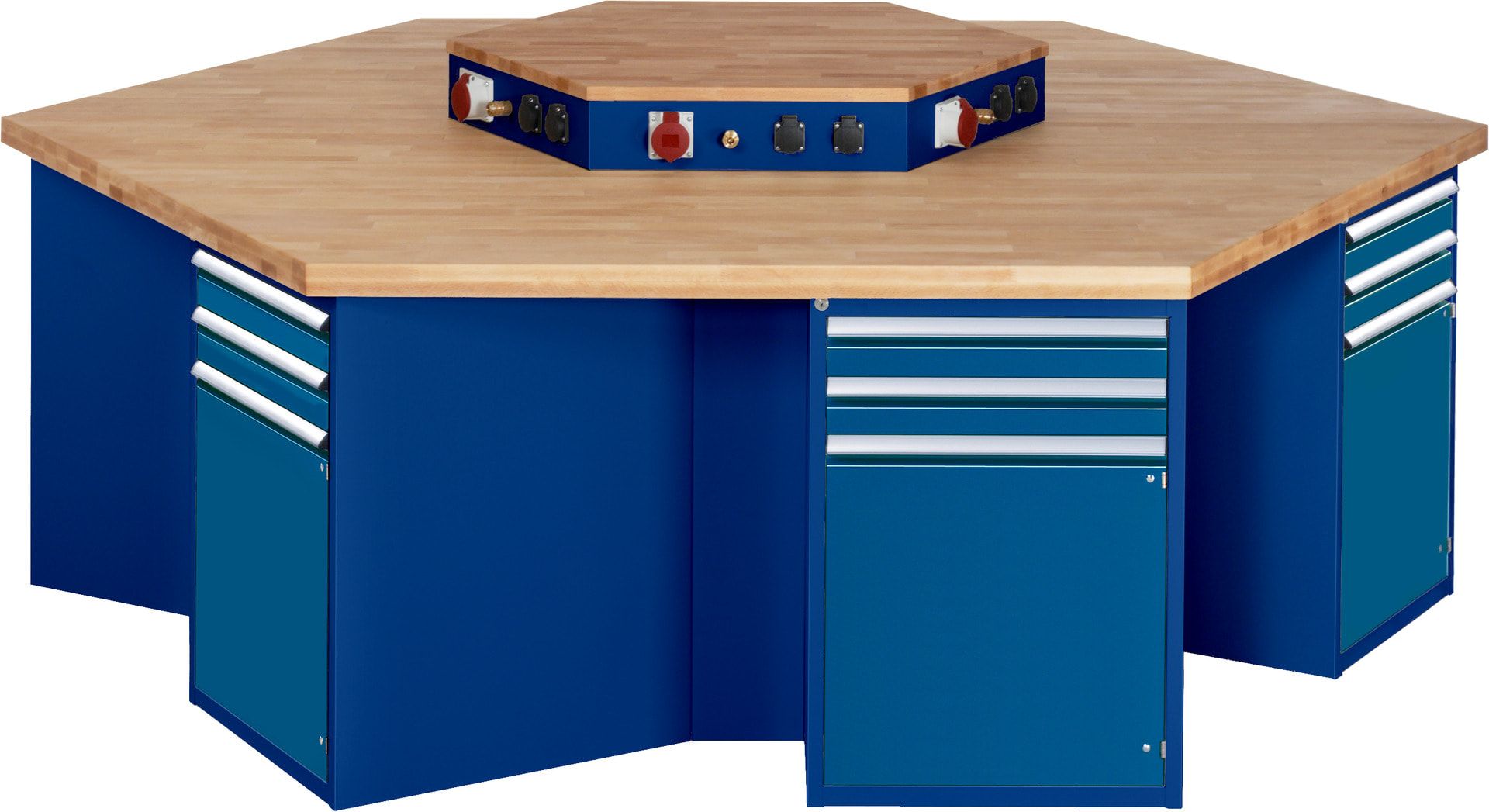 Gruppenwerkbank, Buche, Höhe 840 mm, mit Energieaufsatz, Unterbau-Container, 2 Schubladen, 1 Tür, 1 Boden - Anthrazitgrau