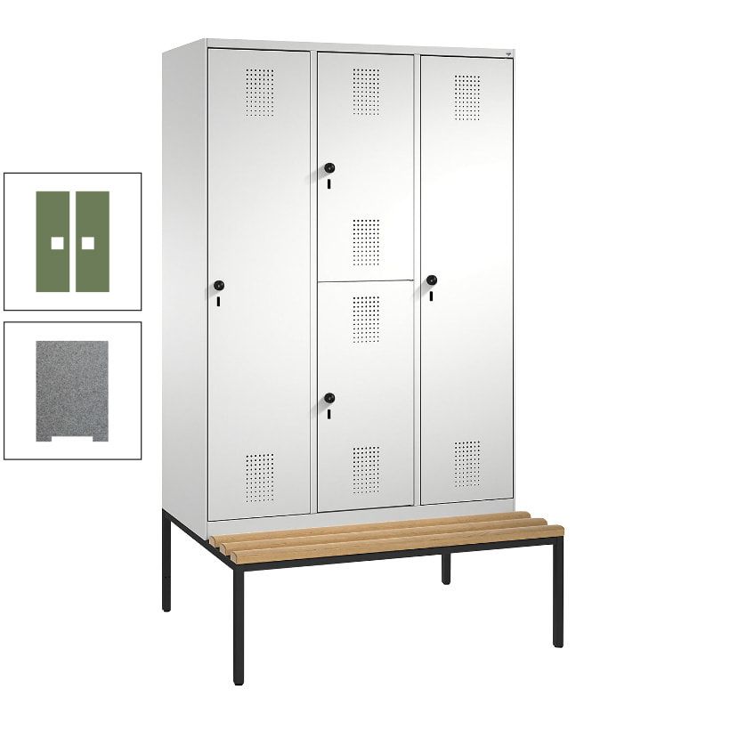 Garderobenschrank, Spind ein- und doppelstöckig Sitzbank, 3 Abteile, 4 Fächer, 2.090x1.200x500 mm (HxBxT), Front anthrazitgrau, Korpus anthrazitgrau