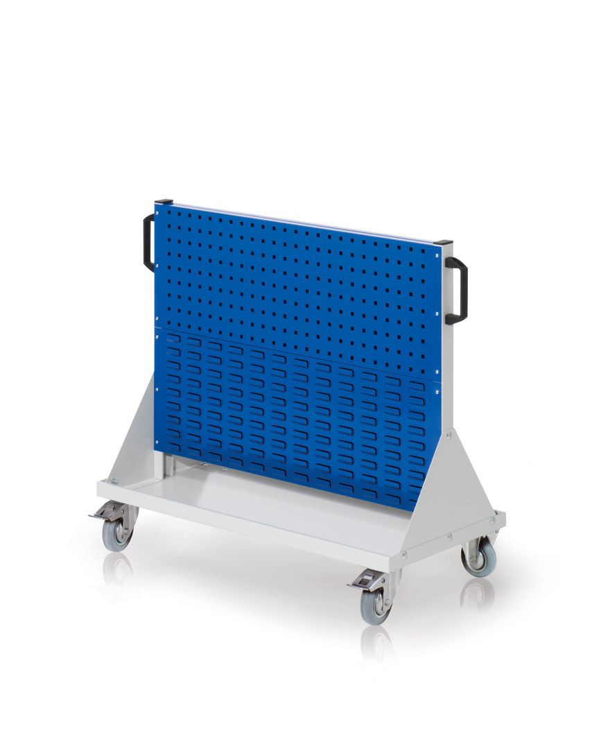 Mobiler Rollwagen, 2 Loch- und 2 Schlitzplatten, 10 Halter, 12 Sichtlagerkästen, 890 x 1.000 x 500 mm (HxBxT), Anthrazitgrau (RAL 7016)