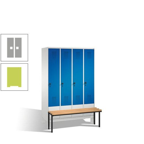 Stahl-Garderobenschrank, Spind, Buche Sitzbank vorgebaut, 4 Abteile a 300 mm, Korpus Lichtgrün, Tür Schwefelgelb, 1.850 x 1.200 x 815 mm (HxBxT)